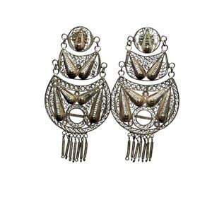 Vintage Handmade Silver Filigree Dangle Earrings With Intricate Swirl Design & D